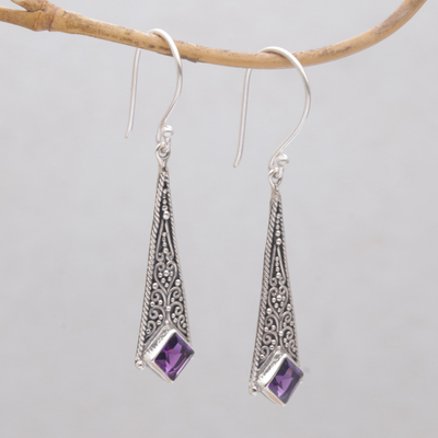 Amethyst dangle earrings, 'Sanguine' - Kite Shaped Amethyst and Sterling Silver Dangle Earrings