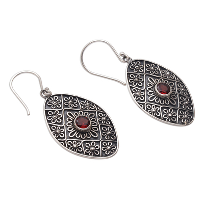 Garnet dangle earrings, 'Shield of Daisies' - Garnet and Sterling Silver Floral Motif Dangle Earrings