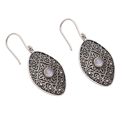 Rainbow moonstone dangle earrings, 'Shield of Daisies' - Rainbow Moonstone and Sterling Silver Floral Dangle Earrings