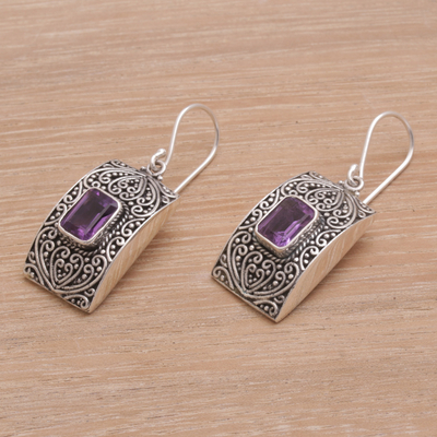 Amethyst dangle earrings, 'Mystical Sanctuary' - Rectangular Amethyst and Sterling Silver Dangle Earrings