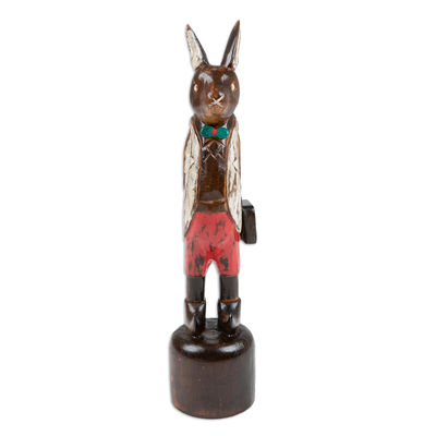 Wood statuette, 'Sir Kelinci' - Hand Carved Albesia Wood Rabbit Statuette from Bali