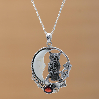 Garnet and bone pendant necklace, Owls Night