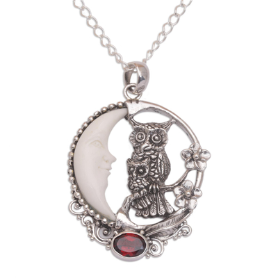 Garnet and bone pendant necklace, 'Owl's Night' - Handmade 925 Sterling Silver Garnet Owl Pendant Necklace