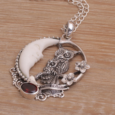 Garnet and bone pendant necklace, 'Owl's Night' - Handmade 925 Sterling Silver Garnet Owl Pendant Necklace