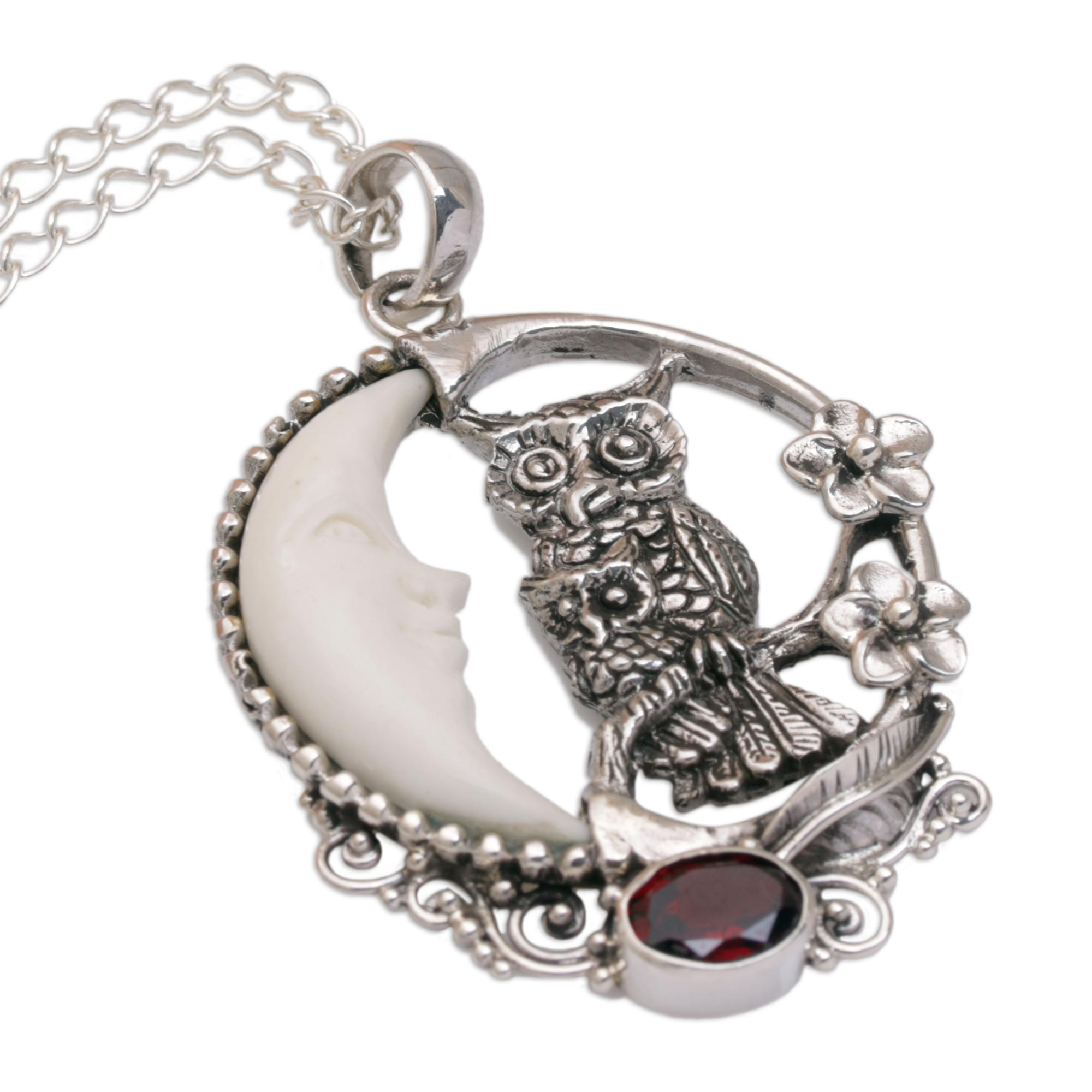 Handmade 925 Sterling Silver Garnet Owl Pendant Necklace Owls Night Novica 7560