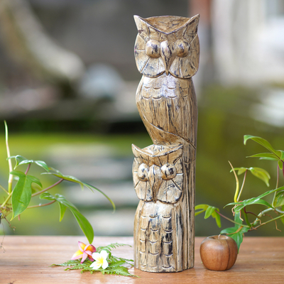 Wood sculpture, 'Owl Totem' - Hand Carved Albesia Wood Owl Totem Statuette from Bali