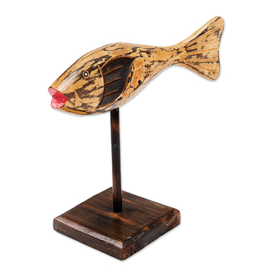 Wood statuette, 'Lone Swimmer' - Hand Carved Albesia Wood Fish Statuette from Bali