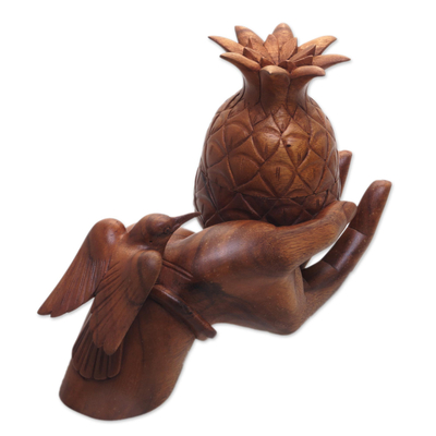 Decorative wood box, 'Pineapple Keepsake' - Hand Carved Suar Wood Pineapple Bird Hand Sculpture Box