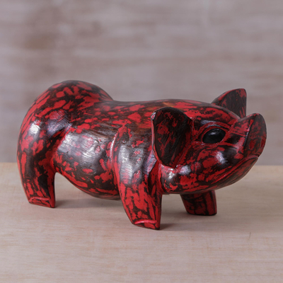 Wood figurine, 'Babi Merah' - Hand Carved Albesia Wood Red Pig Figurine from Bali