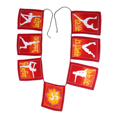Batik rayon banner, 'Yoga Flags' - Red and Yellow Yoga Pose Rayon Flags Wall Decor Banner