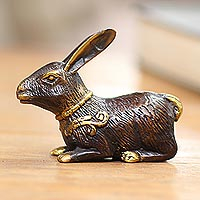 Bronze figurine, 'Restful Hare' - Handcrafted Balinese Black and Golden Bronze Hare Figurine