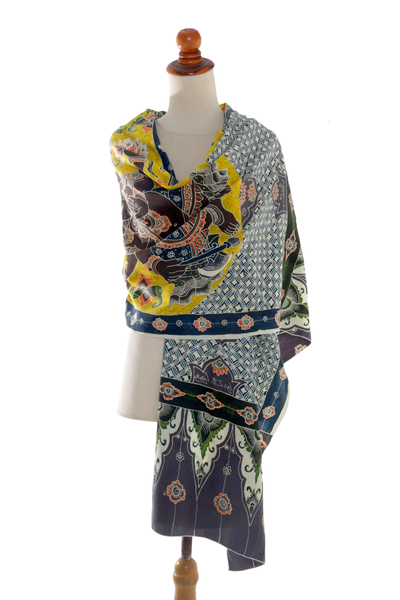 Silk batik shawl, 'Ganesha Cakra' - Hand-Painted Yellow and Navy Batik Silk Shawl Lord Ganesha