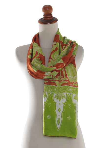 Silk batik scarf, 'Heavenly Bird' - Handmade 100% Silk Batik Scarf with Bird of Paradise Motif