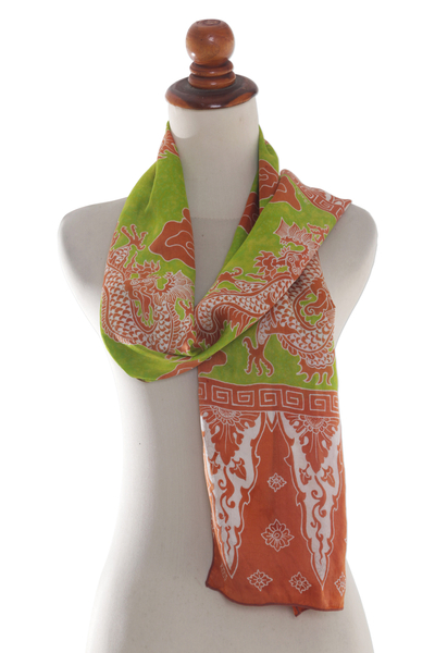Silk batik scarf, 'Dragon Aura' - Balinese Brown and Green Dragon Motif 100% Silk Batik Scarf