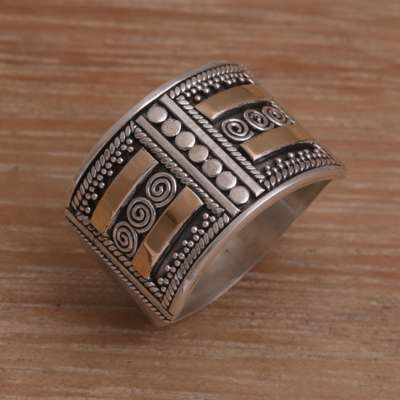 Gold accented sterling silver band ring, 'Ancient Symmetry' - Handmade Sterling Silver Band Ring with 18k Gold Accent