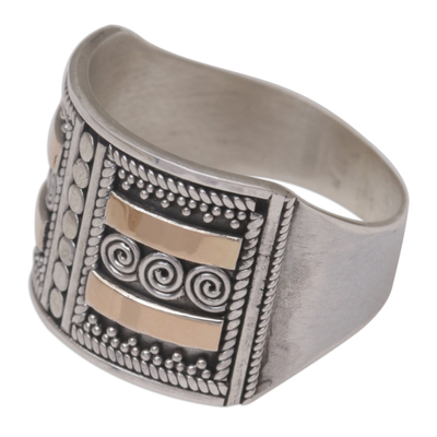 Gold accented sterling silver band ring, 'Ancient Symmetry' - Handmade Sterling Silver Band Ring with 18k Gold Accent