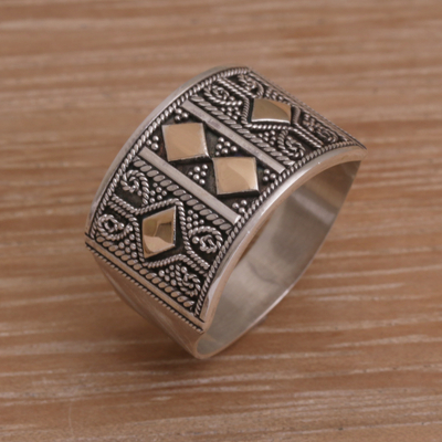 Gold accented sterling silver band ring, 'Ancient Enigma' - Handmade Sterling Silver Band Ring with 18k Gold Accent