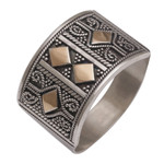 Gold accented sterling silver band ring, 'Ancient Enigma' - Handmade Sterling Silver Band Ring with 18k Gold Accent