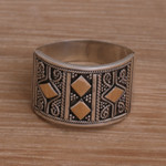 Gold accented sterling silver band ring, 'Ancient Enigma' - Handmade Sterling Silver Band Ring with 18k Gold Accent