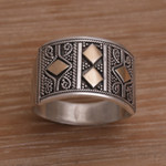 Gold accented sterling silver band ring, 'Ancient Enigma' - Handmade Sterling Silver Band Ring with 18k Gold Accent