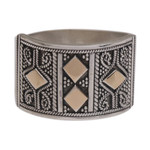 Gold accented sterling silver band ring, 'Ancient Enigma' - Handmade Sterling Silver Band Ring with 18k Gold Accent