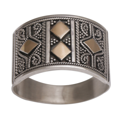 Gold accented sterling silver band ring, 'Ancient Enigma' - Handmade Sterling Silver Band Ring with 18k Gold Accent
