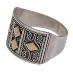 Gold accented sterling silver band ring, 'Ancient Enigma' - Handmade Sterling Silver Band Ring with 18k Gold Accent
