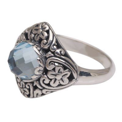 Blue Topaz Sterling Silver Cocktail Ring with Floral Motif