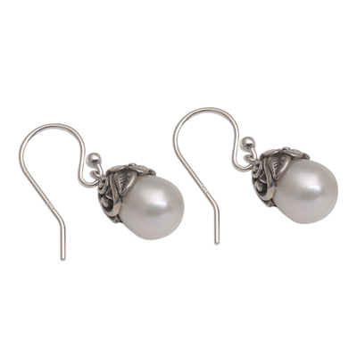 Cultured pearl dangle earrings, 'Demure' - Cultured Pearl and Sterling Silver Floral Dangle Earrings
