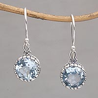 Blue topaz dangle earrings, 'Temptation Blue' - Blue Topaz Round Faceted Dangle Earrings from Bali