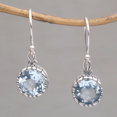 Blue topaz dangle earrings, 'Temptation Blue' - Blue Topaz Round Faceted Dangle Earrings from Bali