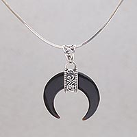 Horn pendant necklace, 'Black Crescent'