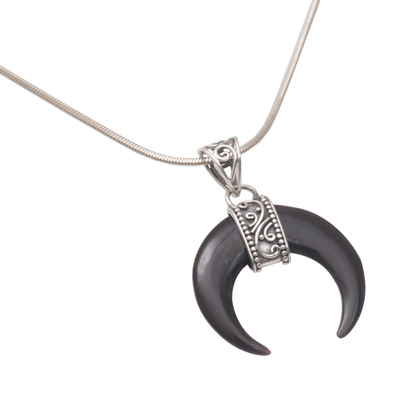 Horn pendant necklace, 'Black Crescent' - Black Buffalo Horn Pendant Necklace Eclipse Crescent Shape