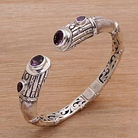 Amethyst cuff bracelet, 'Bamboo Rule' - Sterling Silver Bamboo Motif Cuff Bracelet with Amethyst