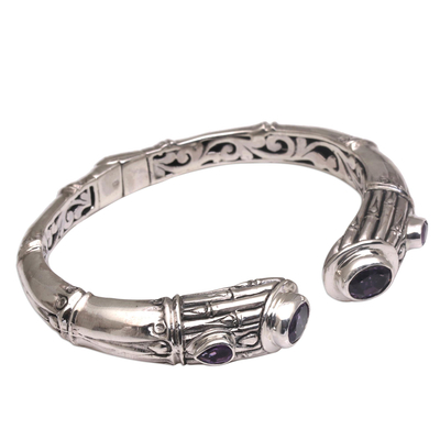 Amethyst cuff bracelet, 'Bamboo Rule' - Sterling Silver Bamboo Motif Cuff Bracelet with Amethyst