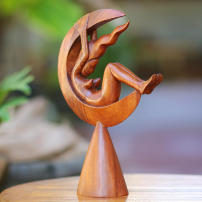 Wood sculpture, 'The Moon Goddess I' - Handcrafted Indonesian Wood Sculpture