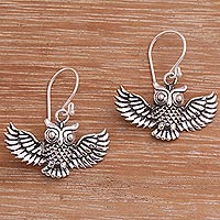 Handcrafted Sterling Silver Owl Dangle Earrings from Bali,'Double Hoot'