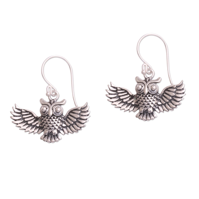 Sterling silver dangle earrings, 'Double Hoot' - Handcrafted Sterling Silver Owl Dangle Earrings from Bali