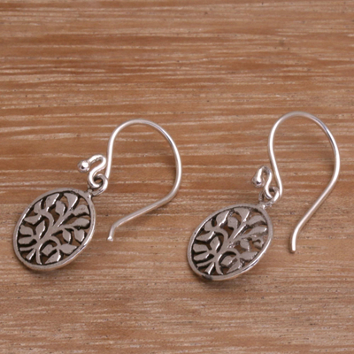 Sterling silver dangle earrings, 'Leafy Windows' - Circular Tree Sterling Silver Dangle Earrings from Bali