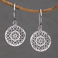 Sterling silver dangle earrings, 'Enchanting Mandalas' - Round Sterling Silver Mandala Flower Earrings from Bali