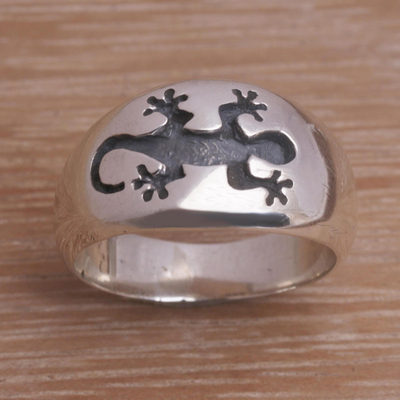 Mens sterling silver band ring, Grand Gecko