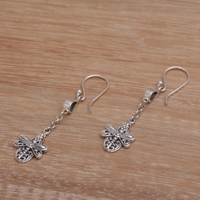 Amethyst dangle earrings, 'Dragonfly Altar' - Handmade 925 Sterling Silver Peridot Dragonfly Earrings
