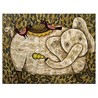 'Fun Times I' (2017) - Javanese Signed Naif Style Acrylic Painting of an Elephant