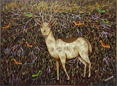 Signed Modern Painting of a Deer and Birds from Java