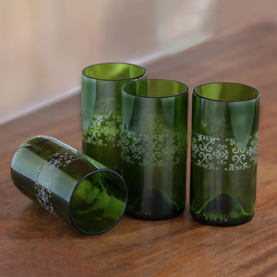 Recycled glass tumblers, 'Drink in Batik' (set of 4) - Set of Four Batik Tumbler Glasses from Recycled Bottles