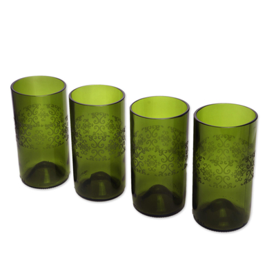Recycled glass tumblers, 'Drink in Batik' (set of 4) - Set of Four Batik Tumbler Glasses from Recycled Bottles