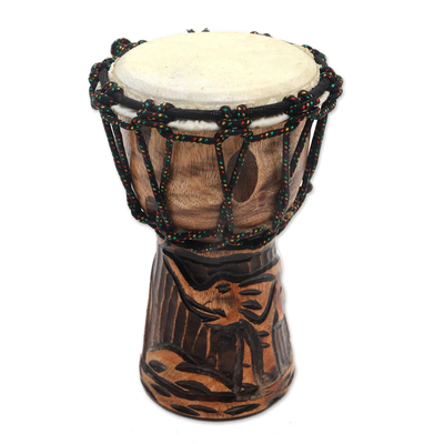 Mahogany mini djembe drum, 'Elephant Music' - Elephant-Themed Mahogany Mini Djembe Drum from Bali