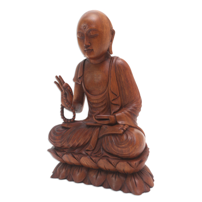 Wood sculpture, 'Praying Buddha' - Handmade Suar Wood Buddha Sculpture Hand Carved in Bali