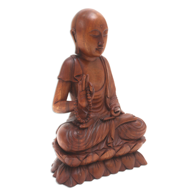 Wood sculpture, 'Praying Buddha' - Handmade Suar Wood Buddha Sculpture Hand Carved in Bali