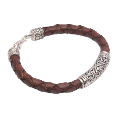Leather and sterling silver bracelet, 'Lost Kingdom in Brown' - Sterling Silver and Leather Cord Bracelet from Bali